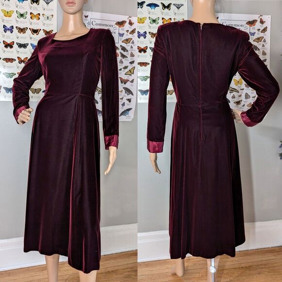 Vintage 1990s Talbots Velvet Dress Midi Babydoll Maroon Satin Whimsigoth Size 8P - Picture 1 of 12